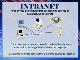 É acessível apenas para grupos de usuários devidamente
autorizados pela organização detentora do projeto.
Possui uma interface semelhante a de uma página de internet
Rede privada de computadores baseada nos padrões de
comunicação da Internet
 