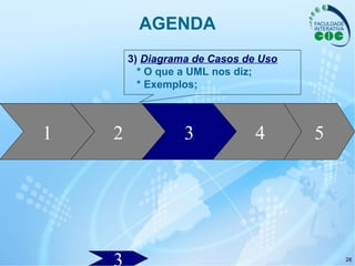 28
AGENDA
1 2 3 4 5
3) Diagrama de Casos de Uso
* O que a UML nos diz;
* Exemplos;
 