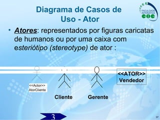 37
Diagrama de Casos de
Uso - Ator
• Atores: representados por figuras caricatas
de humanos ou por uma caixa com
esteriótipo (stereotype) de ator :
<<ATOR>>
Vendedor
Cliente Gerente
AtorCliente
<<Actor>>
 