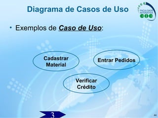 44
Diagrama de Casos de Uso
• Exemplos de Caso de Uso:
Cadastrar
Material
Entrar Pedidos
Verificar
Crédito
 