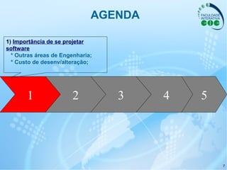 7
1 2 3 4 5
1) Importância de se projetar
software
* Outras áreas de Engenharia;
* Custo de desenv/alteração;
AGENDA
 