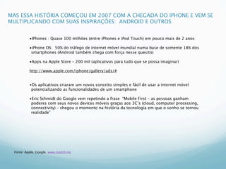 MAS ESSA HISTÓRIA COMEÇOU EM 2007 COM A CHEGADA DO IPHONE E VEM SE
MULTIPLICANDO COM SUAS INSPIRAÇÕES: ANDROID E OUTROS


           •IPhones : Quase 100 milhões (entre iPhones e iPod Touch) em pouco mais de 2 anos

           •iPhone OS: 50% do tráfego de internet móvel mundial numa base de somente 18% dos
            smartphones (Android também chega com força nesse quesito)

           •Apps na Apple Store – 200 mil (aplicativos para tudo que se possa imaginar)

           http://www.apple.com/iphone/gallery/ads/#


           •Os aplicativos criaram um novos conceito simples e fácil de usar a internet móvel
            potencializando as funcionalidades de um smartphone

           •Eric Schmidt do Google vem repetindo a frase “Mobile First – as pessoas ganham
            poderes com seus novos devices móveis graças aos 3C’s (cloud, computer processing,
            connectivity) – chegou o momento na história da tecnologia em que o sonho se tornou
            realidade”




  Fonte :Apple, Google, www.mobi9.me
 