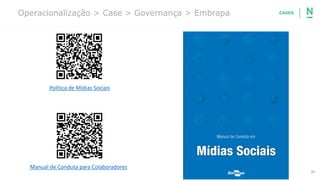 36
Operacionalização > Case > Governança > Embrapa
Política de Mídias Sociais
Manual de Conduta para Colaboradores
CASES
 