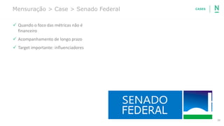 39
Mensuração > Case > Senado Federal
✓ Quando o foco das métricas não é
financeiro
✓ Acompanhamento de longo prazo
✓ Target importante: influenciadores
CASES
 
