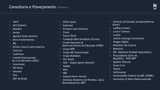 ✓ Advil
✓ AG2 Publicis
✓ Ahladim
✓ Anvisa
✓ Aperam South America
✓ Ativa Investimentos
✓ BQ
✓ British Council Latin America
✓ Centrum
✓ CodeZone
✓ Comitê Internacional
da Cruz Vermelha (ICRC)
✓ Concremat
✓ DB Home
✓ Deloitte
✓ Dow
✓ EDP do Brasil
Consultoria e Planejamento EXPERIÊNCIA
✓ Effect Sport
✓ Embratel
✓ Ericsson Latin America
✓ Finep
✓ Focus Têxtil
✓ Fundação Real Grandeza (Furnas)
✓ Fundo Nacional de
Desenvolvimento da Educação (FNDE)
✓ Grupo MPE
✓ Grupo MK Comunicação
✓ Grupo Multiplan
✓ GS1 Brasil
✓ GSN – Global Sports Network
✓ Habibs
✓ Ibeu
✓ IBM
✓ Inpress Porter Novelli
✓ Instituto Brasileiro de Petróleo, Gás e
Biocombustíveis (IBP)
✓ Instituto de Estudos Socioeconômicos
(Inesc)
✓ LabPop Content
✓ Lector Content
✓ Lenine
✓ Letícia Camargo Consultoria
✓ Mingau Digital
✓ Ministério da Cultura
✓ Montarte
✓ NFL (National Football Association)
✓ Procuradoria Geral da
República – PGR/MPF
✓ Qualita Telecom
✓ Souza Cruz
✓ Toyota
✓ UniCesumar
✓ Universidade Federal do ABC (UFABC)
✓ University of Notre Dame Australia
 