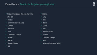 ✓ Firjan / Fundação Roberto Marinho
(Rio+20)
✓ Ambev
✓ Unilever (Dove e Axe)
✓ L’Óreal
✓ Novartis
✓ Skoll
✓ Chevron / Texaco
✓ Acotel
✓ Mattel
✓ Saúde Criança
✓ BQ
Experiência > Gestão de Projetos para Agências
✓ Habibs
✓ Lilly
✓ IBM
✓ Bayer
✓ Claro
✓ Net
✓ Pernod Ricard
✓ Eternit
✓ Compass Energia
✓ Audi
✓ Wyeth (Centrum e Advil)
 