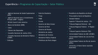 ✓ Agência Nacional de Saúde Suplementar
(ANS)
✓ Agência Nacional para o Investimento
Privado (ANIP / Angola)
✓ British Council Latin America
✓ Banco do Nordeste (BNB)
✓ Caixa
✓ Câmara dos Deputados
✓ Conselho Nacional de Justiça (CNJ)
✓ Conselho Nacional do Ministério Público
(CNMP)
✓ Embrapa
Experiência > Programas de Capacitação > Setor Público
✓ Exército Brasileiro
✓ Finep
✓ FNDE
✓ Furnas
✓ Governo de Mato Grosso
✓ Governo do Pará
✓ Governo do Paraná
✓ Ministério da Justiça
✓ Ministério do Turismo
✓ Ministério Público Federal
✓ Prefeitura de Porto Alegre
✓ Presidência da República do Brasil
✓ Procuradoria Geral da República
✓ Senado Federal
✓ Superior Tribunal de Justiça – STJ
✓ Tribunal Regional Eleitoral – MG
✓ Tribunal Regional Federal – 4ª Região -
Sul
✓ Tribunal Superior Eleitoral (TSE)
✓ Universidade Federal do ABC (UFABC)
✓ Universidade Federal de Juiz de Fora
(UFJF)
✓ Universidade Federal do Rio de Janeiro
(UFRJ)
✓ University of Notre Dame Australia
(Australia)
 