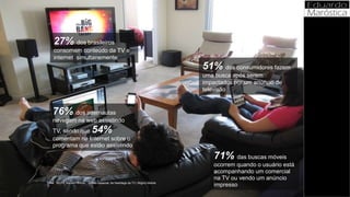 51% dos consumidores fazem
uma busca após serem
impactados por um anúncio de
televisão
fonte: IBOPE Nielsen Online - estudo especial: As Hashtags da TV | Mighty Mobile
76% dos internautas
navegam na web assistindo
TV, sendo que 54%
comentam na Internet sobre o
programa que estão assistindo
27% dos brasileiros
consomem conteúdo da TV e
internet simultanemente
71% das buscas móveis
ocorrem quando o usuário está
acompanhando um comercial
na TV ou vendo um anúncio
impresso
 