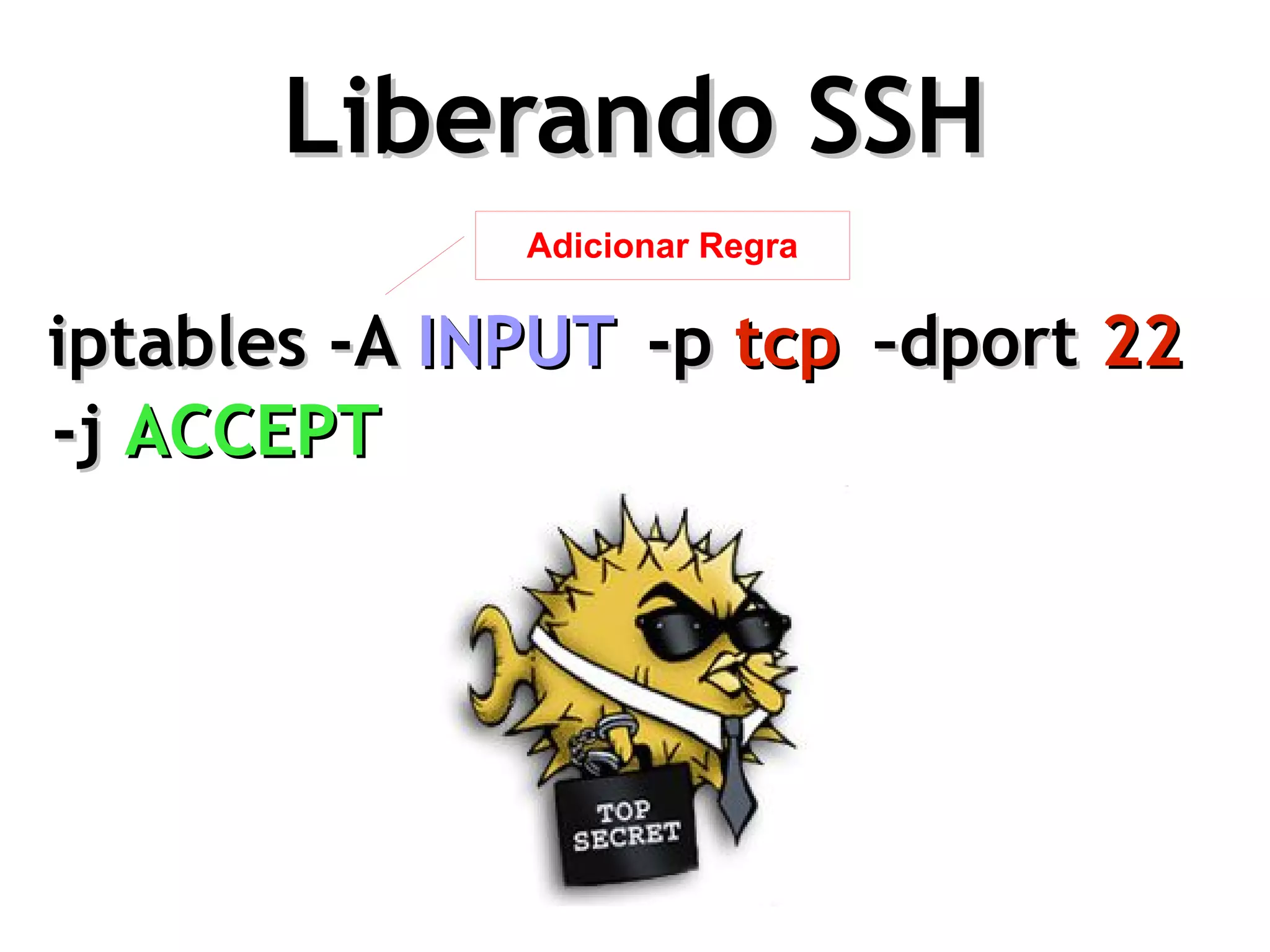 Liberando SSH
              Adicionar Regra


iptables -A INPUT -p tcp –dport 22
-j ACCEPT
 
