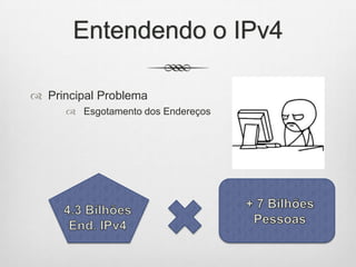 Entendendo o IPv4
 Principal Problema
 Esgotamento dos Endereços
 