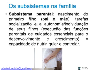 Os subsistemasnafamíliaSubsistema parental: nascimento do primeiro filho (pai e mãe), tarefas socialização e a autonomia/individuação de seus filhos (execução das funções parentais de cuidados essenciais para o desenvolvimento e crescimento) = capacidade de nutrir, guiar e controlar.m.isabelcaminha@gmail.com3223-7704