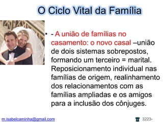 O Ciclo Vital daFamília- A união de famílias no casamento: o novo casal –união de dois sistemas sobrepostos, formando um terceiro = marital. Reposicionamento individual nas famílias de origem, realinhamento dos relacionamentos com as famílias ampliadas e os amigos para a inclusão dos cônjuges.m.isabelcaminha@gmail.com3223-7704