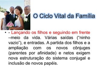 O Ciclo Vital daFamília- Lançando os filhos e seguindo em frente–meio da vida. Várias saídas (“ninho vazio”), e entradas. A partida dos filhos e a ampliação com os novos cônjuges (parentes por afinidade) e netos exigem nova estruturação do sistema conjugal e inclusão de novos papéis.