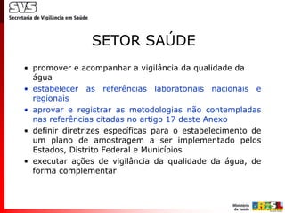 SETOR SAÚDE
• promover e acompanhar a vigilância da qualidade da
  água
• estabelecer as referências laboratoriais nacionais e
  regionais
• aprovar e registrar as metodologias não contempladas
  nas referências citadas no artigo 17 deste Anexo
• definir diretrizes específicas para o estabelecimento de
  um plano de amostragem a ser implementado pelos
  Estados, Distrito Federal e Municípios
• executar ações de vigilância da qualidade da água, de
  forma complementar
 