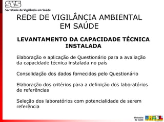 REDE DE VIGILÂNCIA AMBIENTAL
          EM SAÚDE
LEVANTAMENTO DA CAPACIDADE TÉCNICA
            INSTALADA

Elaboração e aplicação de Questionário para a avaliação
da capacidade técnica instalada no país

Consolidação dos dados fornecidos pelo Questionário

Elaboração dos critérios para a definição dos laboratórios
de referências

Seleção dos laboratórios com potencialidade de serem
referência
 