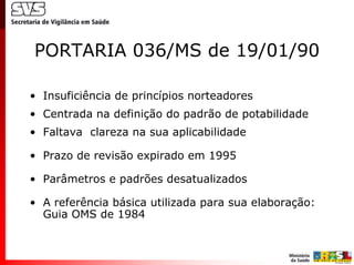 PORTARIA 036/MS de 19/01/90

• Insuficiência de princípios norteadores
• Centrada na definição do padrão de potabilidade
• Faltava clareza na sua aplicabilidade

• Prazo de revisão expirado em 1995

• Parâmetros e padrões desatualizados

• A referência básica utilizada para sua elaboração:
  Guia OMS de 1984
 