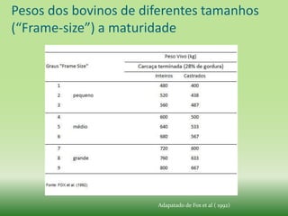 Pesos dos bovinos de diferentes tamanhos
(“Frame-size”) a maturidade




                       Adapatado de Fox et al ( 1992)
 