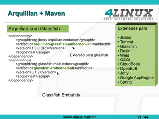 Arquillian + Maven

Arquillian com Glassfish                                         Extensões para
<dependency>                                                     ● JBoss
    <groupId>org.jboss.arquillian.container</groupId>            ● Tomcat
    <artifactId>arquillian-glassfish-embedded-3.1</artifactId>   ● Glassfish
    <version>1.0.0.CR3</version>
                                                                 ● Resin
    <scope>test</scope>
</dependency>                         Extensão para glassfish    ● Weld

                                                                 ● OSGI
<dependency>
    <groupId>org.glassfish.main.extras</groupId>                 ● CloudBees

    <artifactId>glassfish-embedded-all</artifactId>              ● OpenEJB

    <version>3.1.2</version>                                     ● Jetty

    <scope>test</scope>                                          ● Google AppEngine
</dependency>                                                    ● Spring




                    Glassfish Embutido



                                www.4linux.com.br                         31 / 44
 