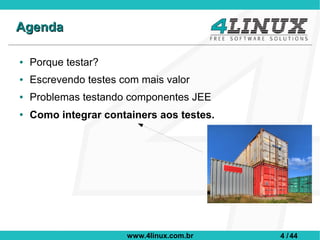 Agenda

●   Porque testar?
●   Escrevendo testes com mais valor
●   Problemas testando componentes JEE
●
    Como integrar containers aos testes.




                       www.4linux.com.br   4 / 44
 