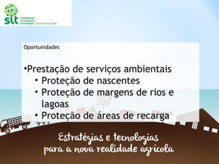 Oportunidades
•Prestação de serviços ambientais
• Proteção de nascentes
• Proteção de margens de rios e
lagoas
• Proteção de áreas de recarga
 