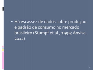  Há escassez de dados sobre produção
e padrão de consumo no mercado
brasileiro (Stumpf et al., 1999; Anvisa,
2012)
11
 