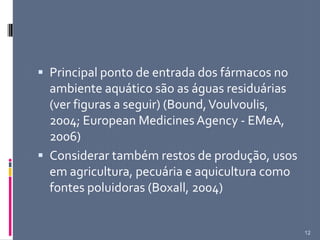  Principal ponto de entrada dos fármacos no
ambiente aquático são as águas residuárias
(ver figuras a seguir) (Bound,Voulvoulis,
2004; European Medicines Agency - EMeA,
2006)
 Considerar também restos de produção, usos
em agricultura, pecuária e aquicultura como
fontes poluidoras (Boxall, 2004)
12
 