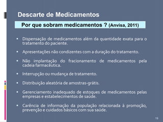19
 Dispensação de medicamentos além da quantidade exata para o
tratamento do paciente.
 Apresentações não condizentes com a duração do tratamento.
 Não implantação do fracionamento de medicamentos pela
cadeia farmacêutica.
 Interrupção ou mudança de tratamento.
 Distribuição aleatória de amostras-grátis.
 Gerenciamento inadequado de estoques de medicamentos pelas
empresas e estabelecimentos de saúde.
 Carência de informação da população relacionada à promoção,
prevenção e cuidados básicos com sua saúde.
Por que sobram medicamentos ? (Anvisa, 2011)
Descarte de Medicamentos
 