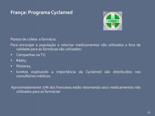 23
França: Programa Cyclamed
Pontos de coleta: a farmácia.
Para encorajar a população a retornar medicamentos não utilizados e fora da
validade para as farmácias são utilizados:
 Campanhas naTV;
 Rádio;
 Pôsteres;
 livretos explicando a importância da Cyclamed são distribuídos nos
consultórios médicos.
Aproximadamente 77% dos franceses estão retornando seus medicamentos não
utilizados para as farmácias
 