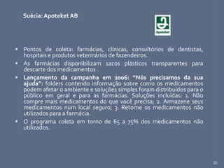 25
Suécia: Apoteket AB
 Pontos de coleta: farmácias, clínicas, consultórios de dentistas,
hospitais e produtos veterinários de fazendeiros.
 As farmácias disponibilizam sacos plásticos transparentes para
descarte dos medicamentos .
 Lançamento da campanha em 2006: “Nós precisamos da sua
ajuda”: folders contendo informação sobre como os medicamentos
podem afetar o ambiente e soluções simples foram distribuídos para o
público em geral e para as farmácias. Soluções incluídas: 1. Não
compre mais medicamentos do que você precisa; 2. Armazene seus
medicamentos num local seguro; 3. Retorne os medicamentos não
utilizados para a farmácia.
 O programa coleta em torno de 65 a 75% dos medicamentos não
utilizados.
 