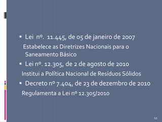  Lei nº. 11.445, de 05 de janeiro de 2007
Estabelece as Diretrizes Nacionais para o
Saneamento Básico
 Lei nº. 12.305, de 2 de agosto de 2010
Institui a Política Nacional de Resíduos Sólidos
 Decreto nº 7.404, de 23 de dezembro de 2010
Regulamenta a Lei nº 12.305/2010
53
 