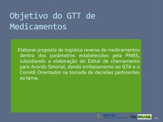 61
Objetivo do GTT de
Medicamentos
Elaborar proposta de logística reversa de medicamentos
dentro dos parâmetros estabelecidos pela PNRS,
subsidiando a elaboração do Edital de chamamento
para Acordo Setorial, dando embasamento ao GTA e o
Comitê Orientador na tomada de decisões pertinentes
ao tema.
 