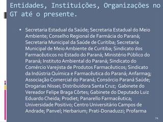 Entidades, Instituições, Organizações no
GT até o presente.
 Secretaria Estadual da Saúde; Secretaria Estadual do Meio
Ambiente; Conselho Regional de Farmácia do Paraná;
Secretaria Municipal da Saúde de Curitiba; Secretaria
Municipal de MeioAmbiente de Curitiba; Sindicato dos
Farmacêuticos no Estado do Paraná; Ministério Público do
Paraná; InstitutoAmbiental do Paraná; Sindicato do
ComércioVarejista de Produtos Farmacêuticos; Sindicato
da Indústria Química e Farmacêutica do Paraná; Anfarmag;
AssociaçãoComercial do Paraná; Consórcio Paraná Saúde;
Drogarias Nissei; Distribuidora Santa Cruz; Gabinete do
Vereador Felipe Braga Côrtes; Gabinete do Deputado Luiz
Eduardo Cheida; Prodiet; Panarello Farmacêutica;
Universidade Positivo;Centro Universitário Campos de
Andrade; Panvel; Herbarium; Prati-Donaduzzi; Profarma
74
 