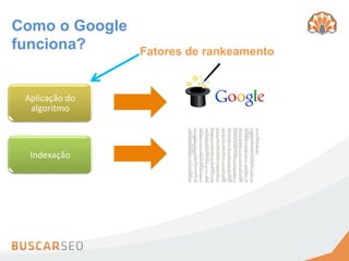 Como o Google
funciona?              Fatores de rankeamento


 Aplicação	
  do	
  
  algoritmo	
  



  Indexação	
  
 