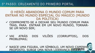 O HERÓI ABANDONA O MUNDO COMUM PARA
ENTRAR NO MUNDO ESPECIAL OU MÁGICO (MUNDO
DA POLÍTICA)
 COMPROMETE-SE A DEIXAR SEU MUNDO COMUM PARA
TRÁS, PARA ENTRAR EM UM NOVO MUNDO, TORNAR-
SE UM NOVO SER;
 VAI ATRÁS DOS VILÕES (CORRUPTOS), DOS
PROBLEMAS;
 NASCE UMA FIGURA, UM SÍMBOLO, UM NOVO CAMINHO
PROPOSTO, SURGE UMA NOVA LIDERANÇA (VOCÊ)
5º PASSO: CRUZAMENTO DO PRIMEIRO PORTAL
 