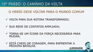 O HERÓI DEVE VOLTAR PARA O MUNDO COMUM
 VOLTA PARA SUA ROTINA TRANSFORMADO;
 SUA REDE DE CONTATOS AMPLIADA;
 TORNA-SE UM ÍCONE DA FORÇA NECESSÁRIA PARA
MUDAR;
 ESTÁ CHEIO DE CORAGEM, PARA ENFRENTAR A
PRÓXIMA BATALHA.
10º PASSO: O CAMINHO DA VOLTA
 