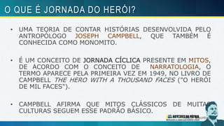 • UMA TEORIA DE CONTAR HISTÓRIAS DESENVOLVIDA PELO
ANTROPÓLOGO JOSEPH CAMPBELL, QUE TAMBÉM É
CONHECIDA COMO MONOMITO.
• É UM CONCEITO DE JORNADA CÍCLICA PRESENTE EM MITOS,
DE ACORDO COM O CONCEITO DE NARRATOLOGIA, O
TERMO APARECE PELA PRIMEIRA VEZ EM 1949, NO LIVRO DE
CAMPBELL THE HERO WITH A THOUSAND FACES ("O HERÓI
DE MIL FACES").
• CAMPBELL AFIRMA QUE MITOS CLÁSSICOS DE MUITAS
CULTURAS SEGUEM ESSE PADRÃO BÁSICO.
FONTE: WIKIPÉDIA
O QUE É JORNADA DO HERÓI?
 