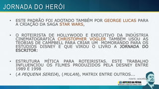 • ESTE PADRÃO FOI ADOTADO TAMBÉM POR GEORGE LUCAS PARA
A CRIAÇÃO DA SAGA STAR WARS,
• O ROTEIRISTA DE HOLLYWOOD E EXECUTIVO DA INDÚSTRIA
CINEMATOGRÁFICA CHRISTOPHER VOGLER TAMBÉM USOU AS
TEORIAS DE CAMPBELL PARA CRIAR UM MOMORANDO PARA OS
ESTÚDIOS DISNEY E QUE VIROU O LIVRO A JORNADA DO
ESCRITOR:
• ESTRUTURA MÍTICA PARA ROTEIRISTAS. ESTE TRABALHO
INFLUENCIOU OS FILMES PRODUZIDOS PELA DESNEY ENTRE
1989 E 1998
• (A PEQUENA SEREIA), (MULAN), MATRIX ENTRE OUTROS...
FONTE: WIKIPÉDIA
JORNADA DO HERÓI
 
