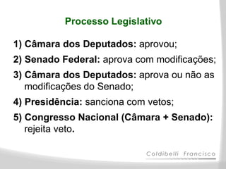 Processo Legislativo

1) Câmara dos Deputados: aprovou;
2) Senado Federal: aprova com modificações;
3) Câmara dos Deputados: aprova ou não as
   modificações do Senado;
4) Presidência: sanciona com vetos;
5) Congresso Nacional (Câmara + Senado):
   rejeita veto.
 