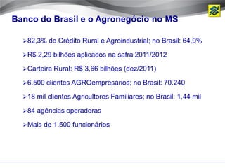 Banco do Brasil e o Agronegócio no MS

  82,3% do Crédito Rural e Agroindustrial; no Brasil: 64,9%

  R$ 2,29 bilhões aplicados na safra 2011/2012

  Carteira Rural: R$ 3,66 bilhões (dez/2011)

  6.500 clientes AGROempresários; no Brasil: 70.240

  18 mil clientes Agricultores Familiares; no Brasil: 1,44 mil

  84 agências operadoras

  Mais de 1.500 funcionários
 