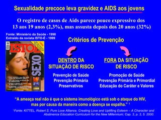 Sexualidade precoce leva gravidez e AIDS aos jovens
      O registro de casos de Aids parece pouco expressivo dos
    13 aos 19 anos (2,3%), mas assusta depois dos 20 anos (32%)
Fonte: Ministério da Saúde - 1998
Extraído da revista ISTO-É - 1999
                                             Critérios de Prevenção


                                   DENTRO DA                          FORA DA SITUAÇÃO
                               SITUAÇÃO DE RISCO                          DE RISCO
                                  Prevenção de Saúde                   Promoção de Saúde
                                  Prevenção Primária              Prevenção Primária e Primordial
                                     Preservativos                Educação do Caráter e Valores

        “A ameaça real não é que o sistema imunológico está sob o ataque do HIV,
                mas por causa da maneira como a doença se espalha.” 1
    1
        Fonte: KITTEL, Robert S. Pure Love Alliance, Creating Love and Uplifting Esteem – A Character and
                           Abstinence Education Curriculum for the New Millennium; Cap. 3, p. 3, 5. 2000.
 