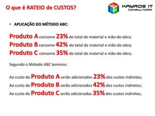 O que é RATEIO de CUSTOS?
• APLICAÇÃO DO MÉTODO ABC:
Produto Aconsome 23%do total de material e mão-de-obra;
Produto Bconsome 42% do total de material e mão-de-obra;
Produto C consome 35%do total de material e mão-de-obra;
Segundo o Método ABC teremos:
Ao custo do Produto Aserão adicionados 23%dos custos indiretos;
Ao custo do Produto Bserão adicionados 42%dos custos indiretos;
Ao custo do Produto Cserão adicionados 35%dos custos indiretos;
 