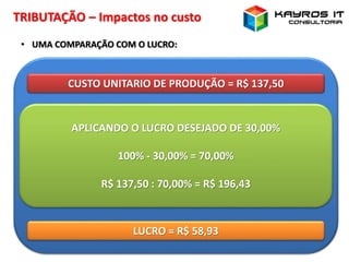 TRIBUTAÇÃO – Impactos no custo
• UMA COMPARAÇÃO COM O LUCRO:
CUSTO UNITARIO DE PRODUÇÃO = R$ 137,50
APLICANDO O LUCRO DESEJADO DE 30,00%
100% - 30,00% = 70,00%
R$ 137,50 : 70,00% = R$ 196,43
LUCRO = R$ 58,93
 