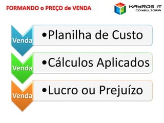FORMANDO o PREÇO de VENDA
Venda •Planilha de Custo
Venda •Cálculos Aplicados
Venda •Lucro ou Prejuízo
 