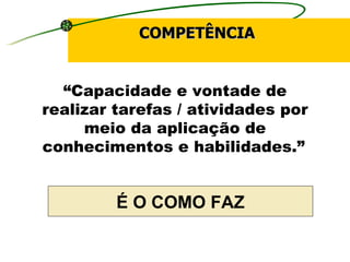 COMPETÊNCIA “ Capacidade e vontade de realizar tarefas / atividades por meio da aplicação de conhecimentos e habilidades.”   É O COMO FAZ 
