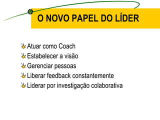 O NOVO PAPEL DO LÍDER Atuar como Coach Estabelecer a visão Gerenciar pessoas Liberar feedback constantemente Liderar por investigação colaborativa 