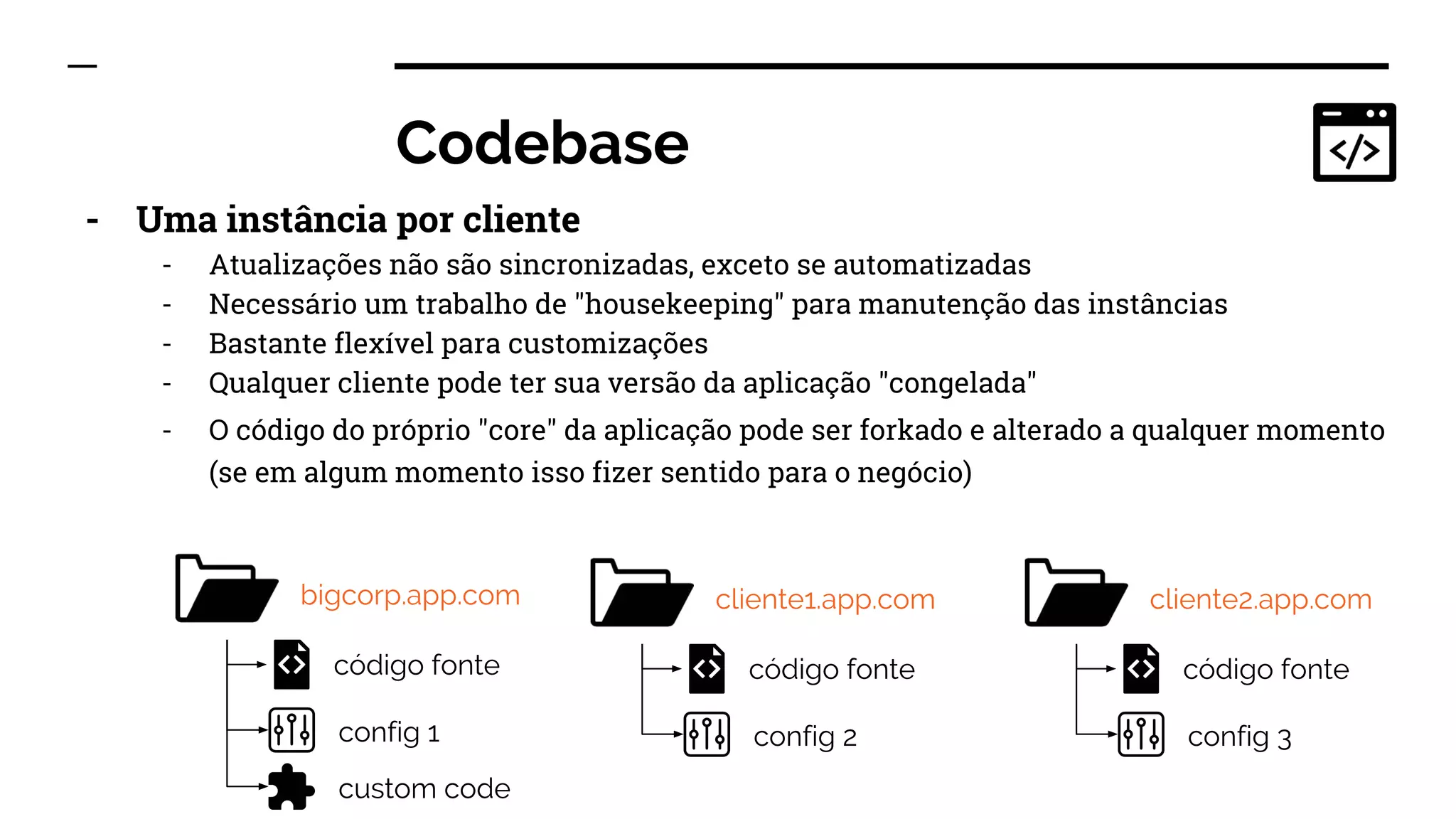 Codebase
- Uma instância por cliente
- Atualizações não são sincronizadas, exceto se automatizadas
- Necessário um trabalho de "housekeeping" para manutenção das instâncias
- Bastante flexível para customizações
- Qualquer cliente pode ter sua versão da aplicação "congelada"
- O código do próprio "core" da aplicação pode ser forkado e alterado a qualquer momento
(se em algum momento isso fizer sentido para o negócio)
bigcorp.app.com
código fonte
config 1
cliente1.app.com
código fonte
config 2
cliente2.app.com
código fonte
config 3
custom code
 