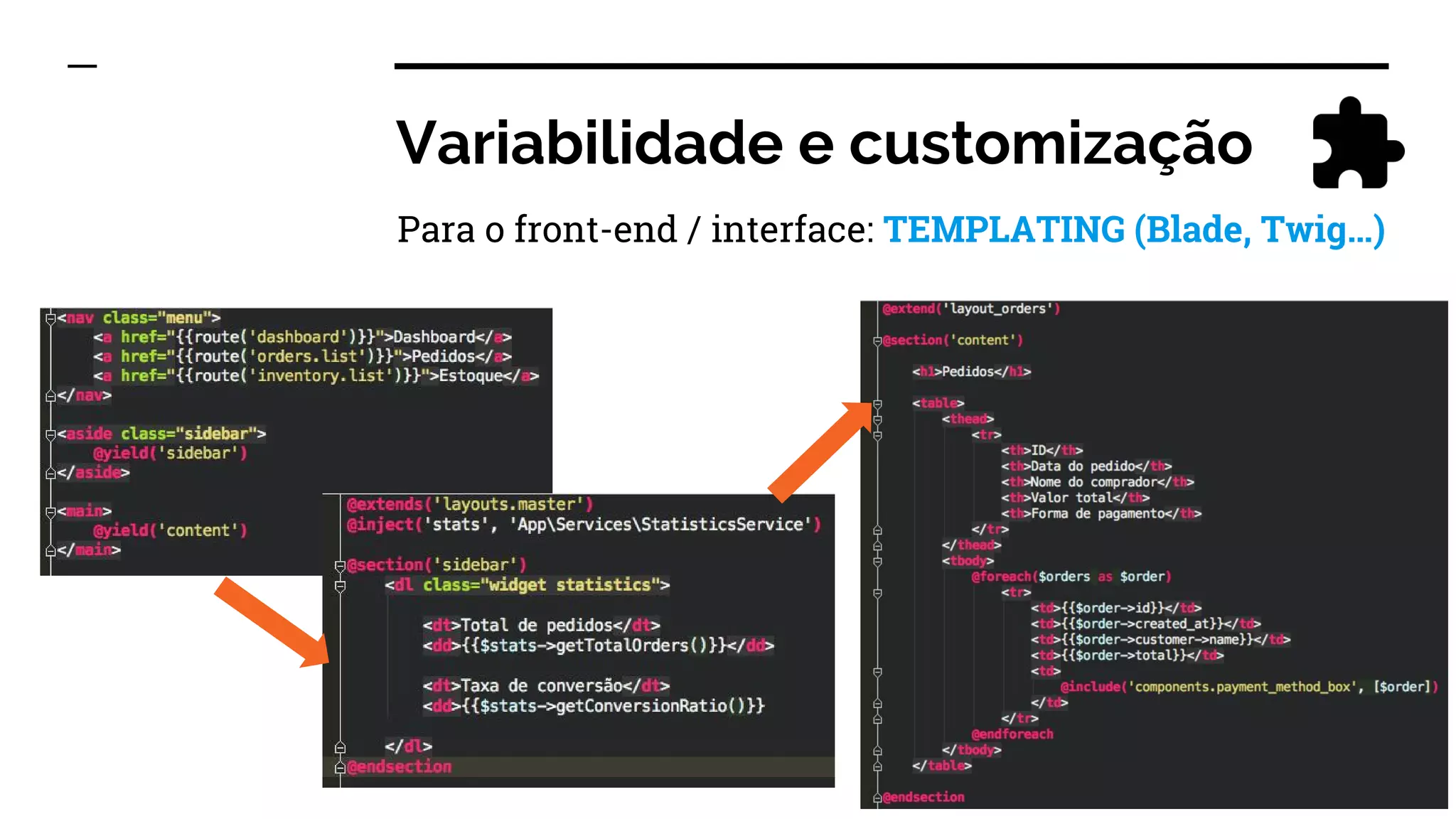 Variabilidade e customização
Para o front-end / interface: TEMPLATING (Blade, Twig…)
 
