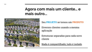 Agora com mais um cliente… e
mais outro...
Seu PROJETO se tornou um PRODUTO
Diversos clientes usando a mesma
aplicação
Estruturas separadas para cada novo
cliente
Nada é compartilhado; tudo é isolado
 