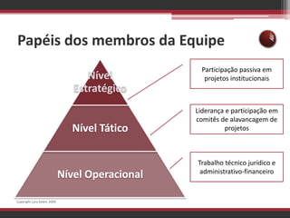 Papéis dos membros da EquipeParticipação passiva em projetos institucionaisLiderança e participação em comitês de alavancagem de projetosTrabalho técnico jurídico e administrativo-financeiroCopyright Lara Selem 2009