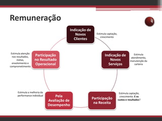 RemuneraçãoEstimula captação, crescimentoEstimula atenção nos resultados, metas, envolvimento e comprometimentoEstimula atendimento, manutenção da carteiraEstimula a melhoria da performance individualEstimula captação, crescimento. E os custos e resultados?